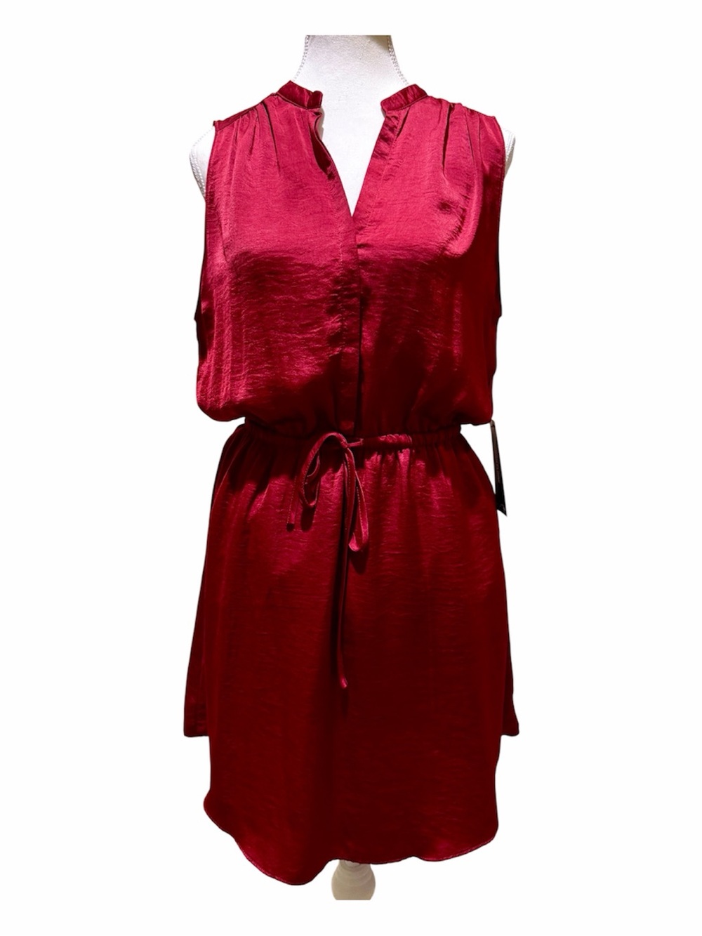 Olivia Grey Satin Look Sleeveless Drawstring Dress - Deep Red